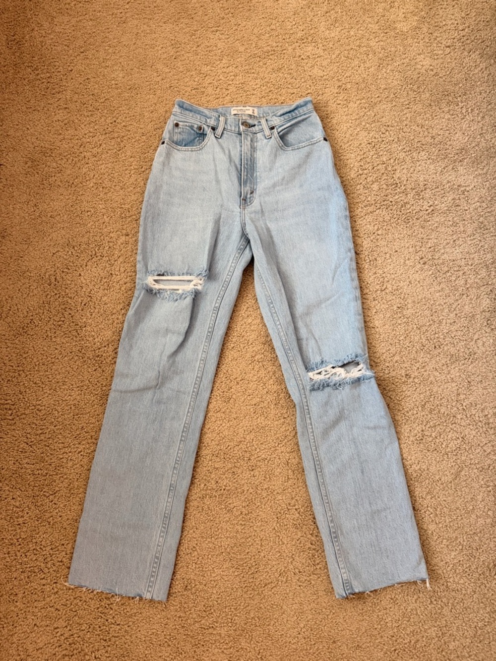 Abercrombie & Fitch Light Blue High-Rise Ripped Straight Jeans